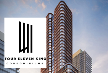 Exterior rendering of Four Eleven King Condos with logo overlay.
