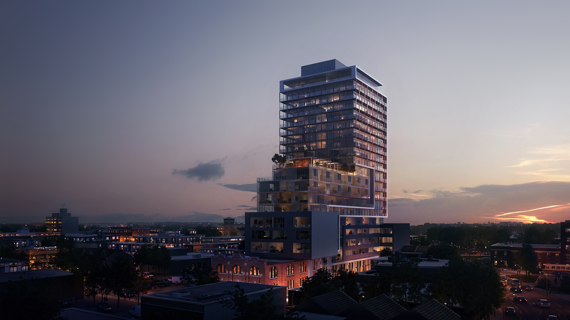 East United Condos rendering of building exterior and surrounding area at night.