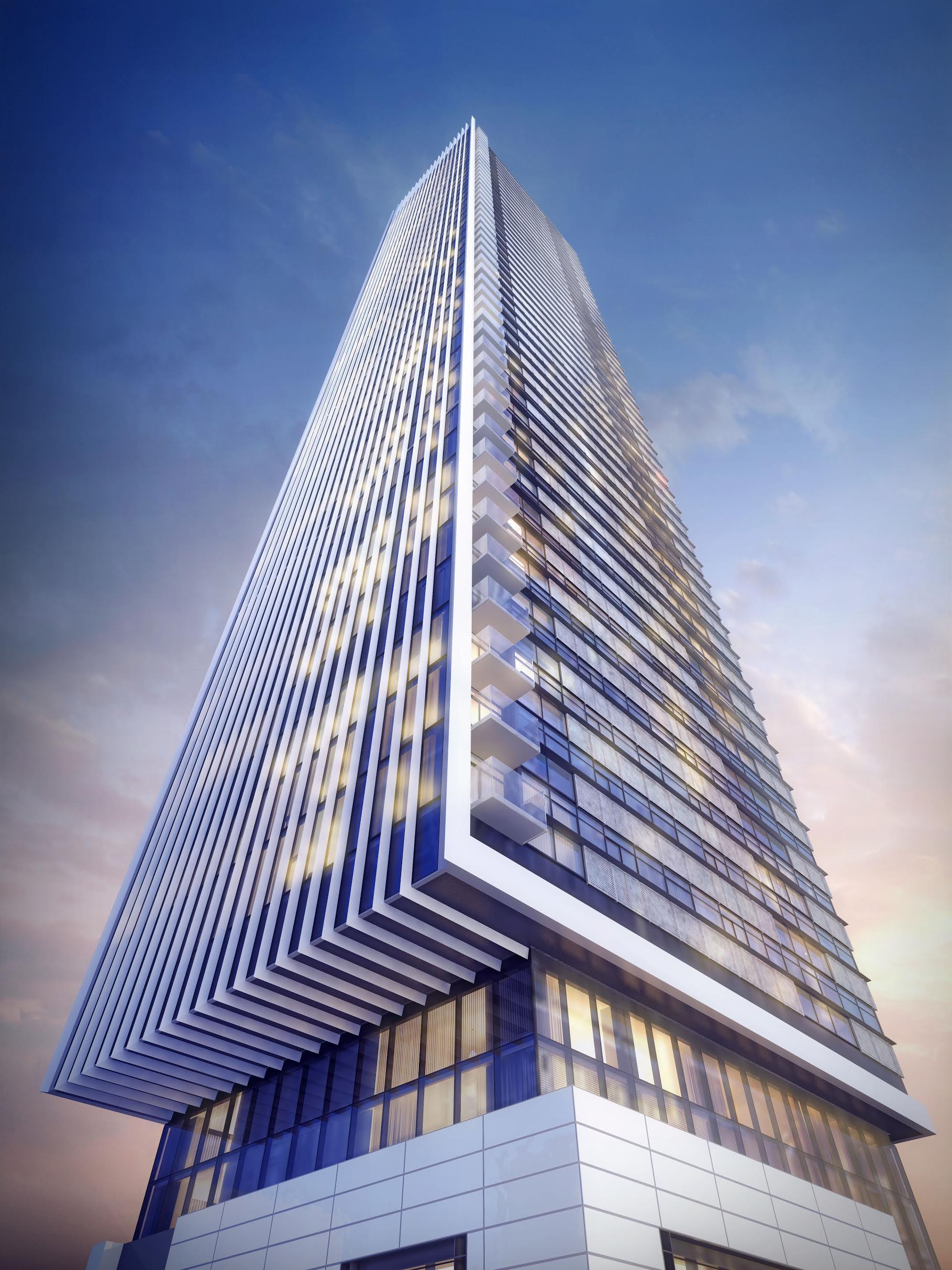 Rendering of 8 Cumberland Condos exterior worms-eye view.