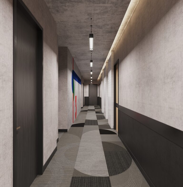 Rendering of Bauhaus hallway