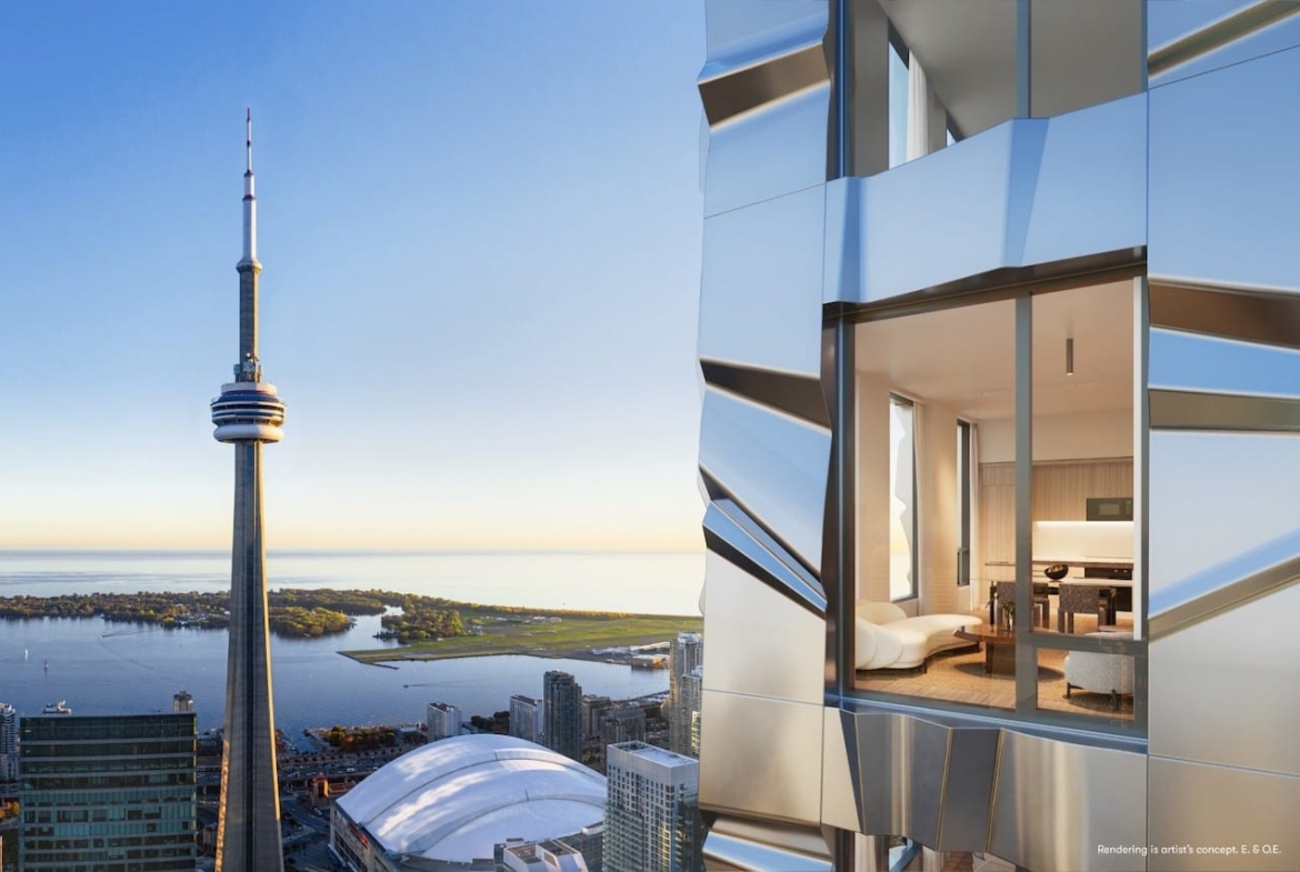 Rendering of Forma Condos exterior jewel box view of CN Tower