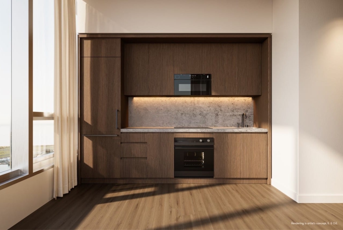 Rendering of Forma Condos standard suite interior kitchen espresso