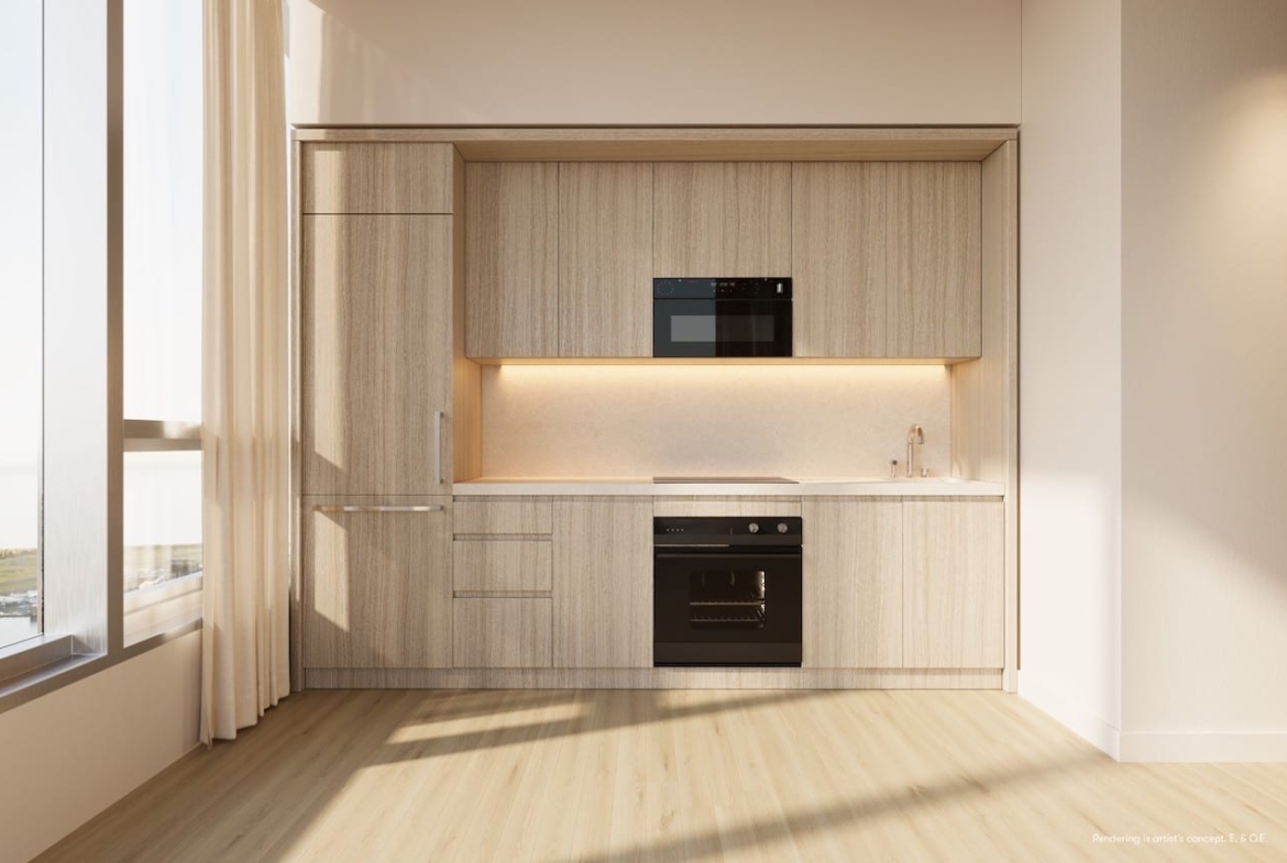 Rendering of Forma Condos standard suite interior kitchen naturale