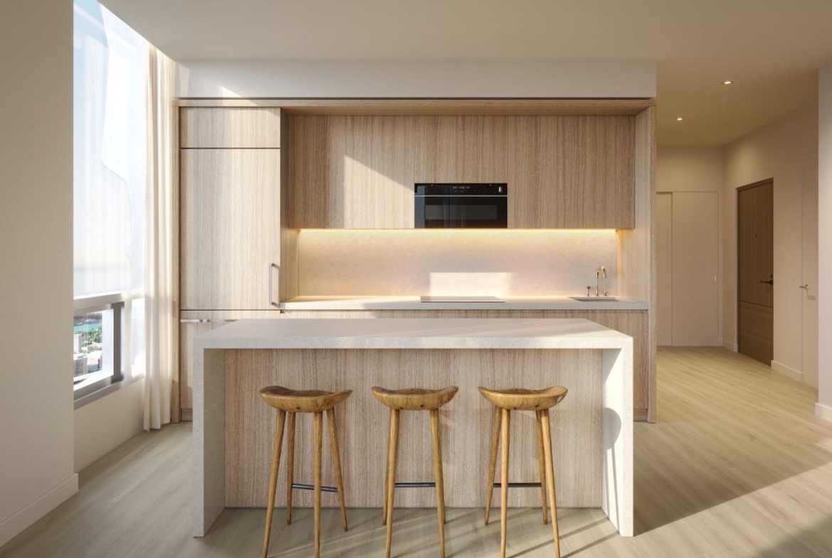 Rendering of Forma Condos suite interior upgraded kitchen naturale