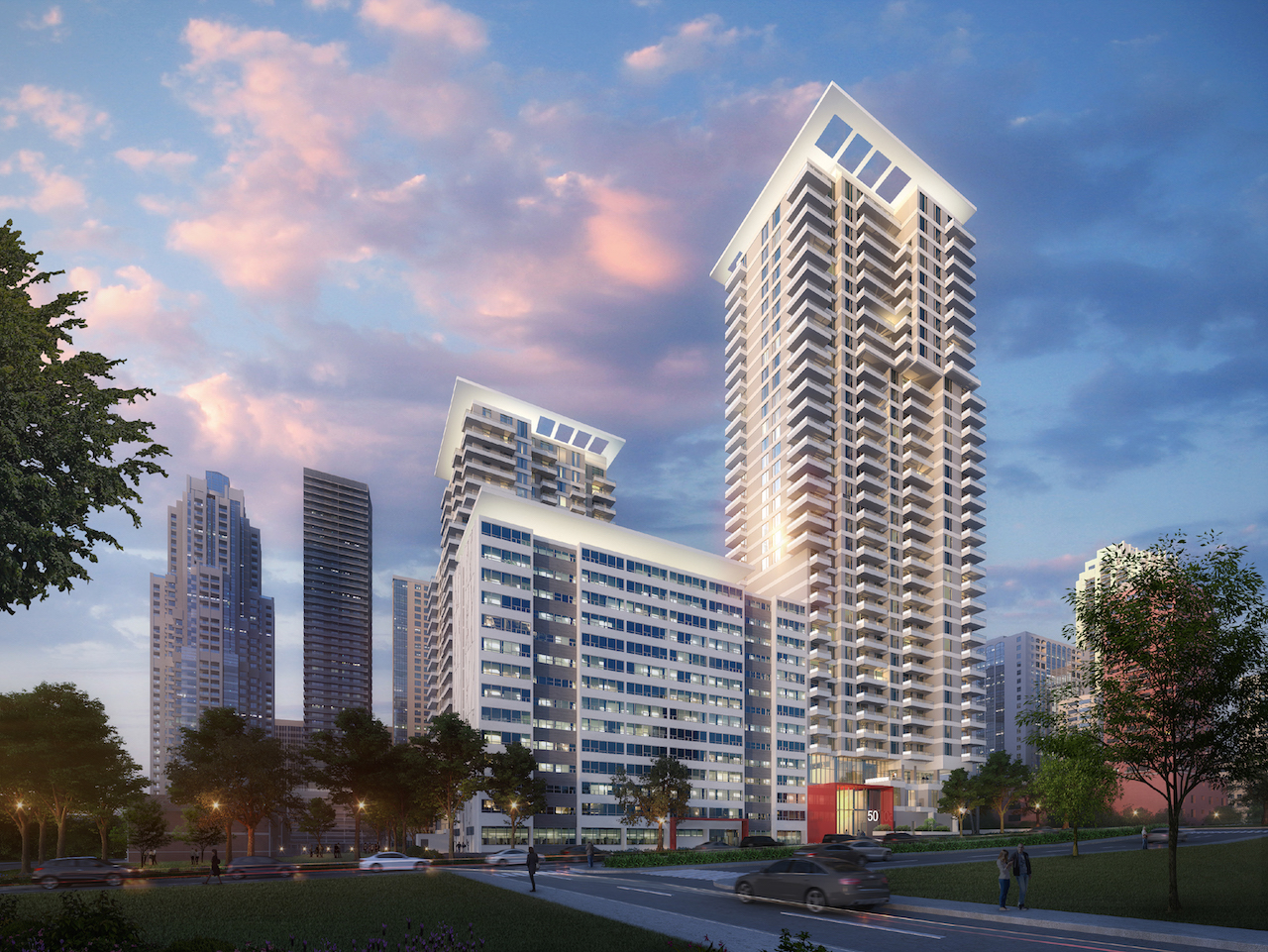 Rendering of Plaza Midtown Condos exterior in the evening.