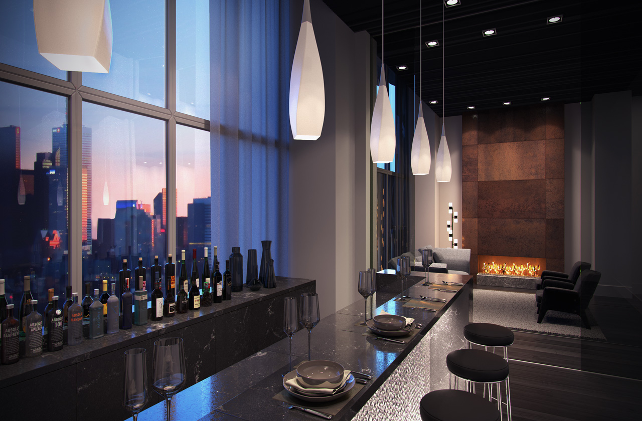 Rendering of Plaza Midtown Condos party room with bar.