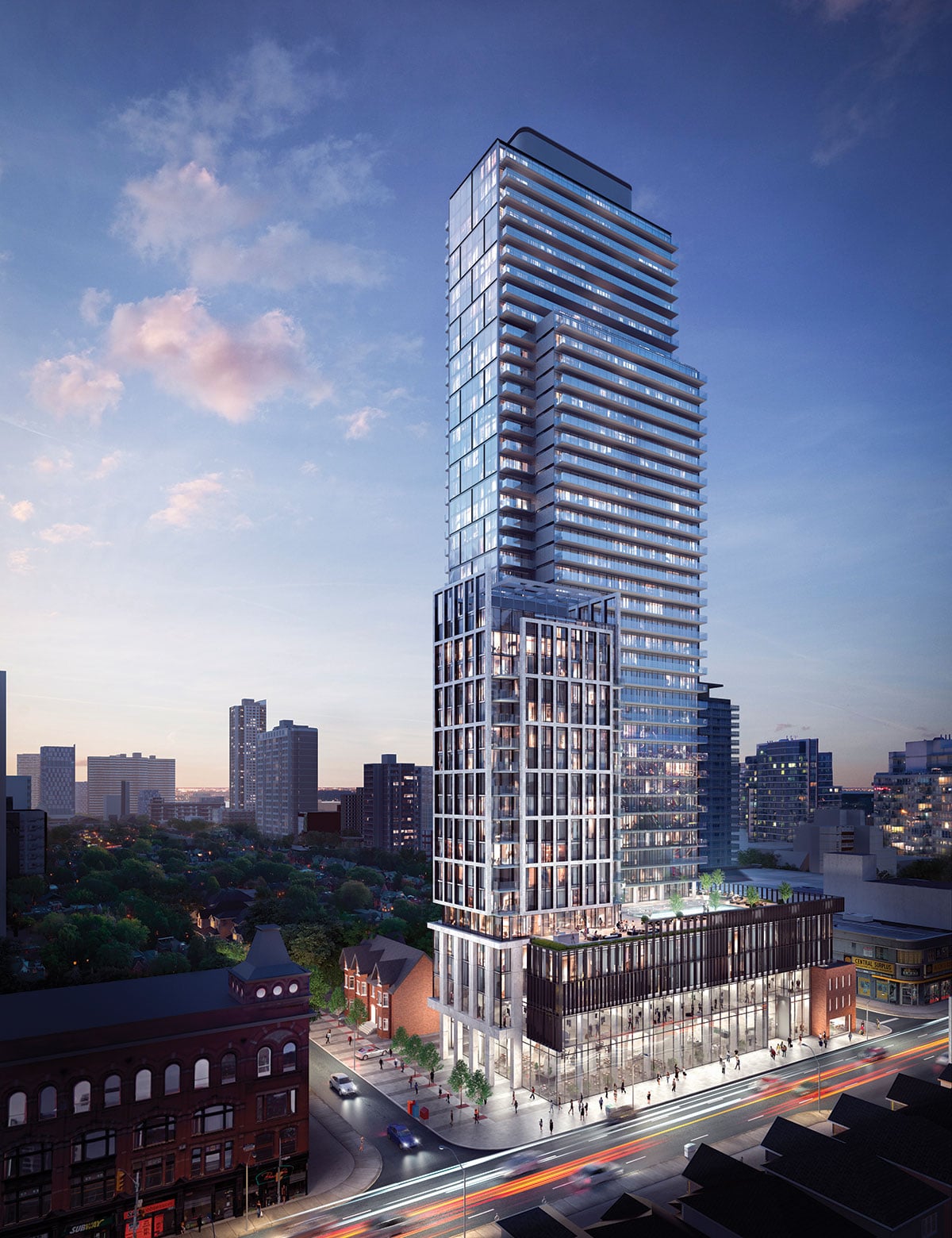 Rendering of The Gloucester on Yonge Condos exterior full view at dusk