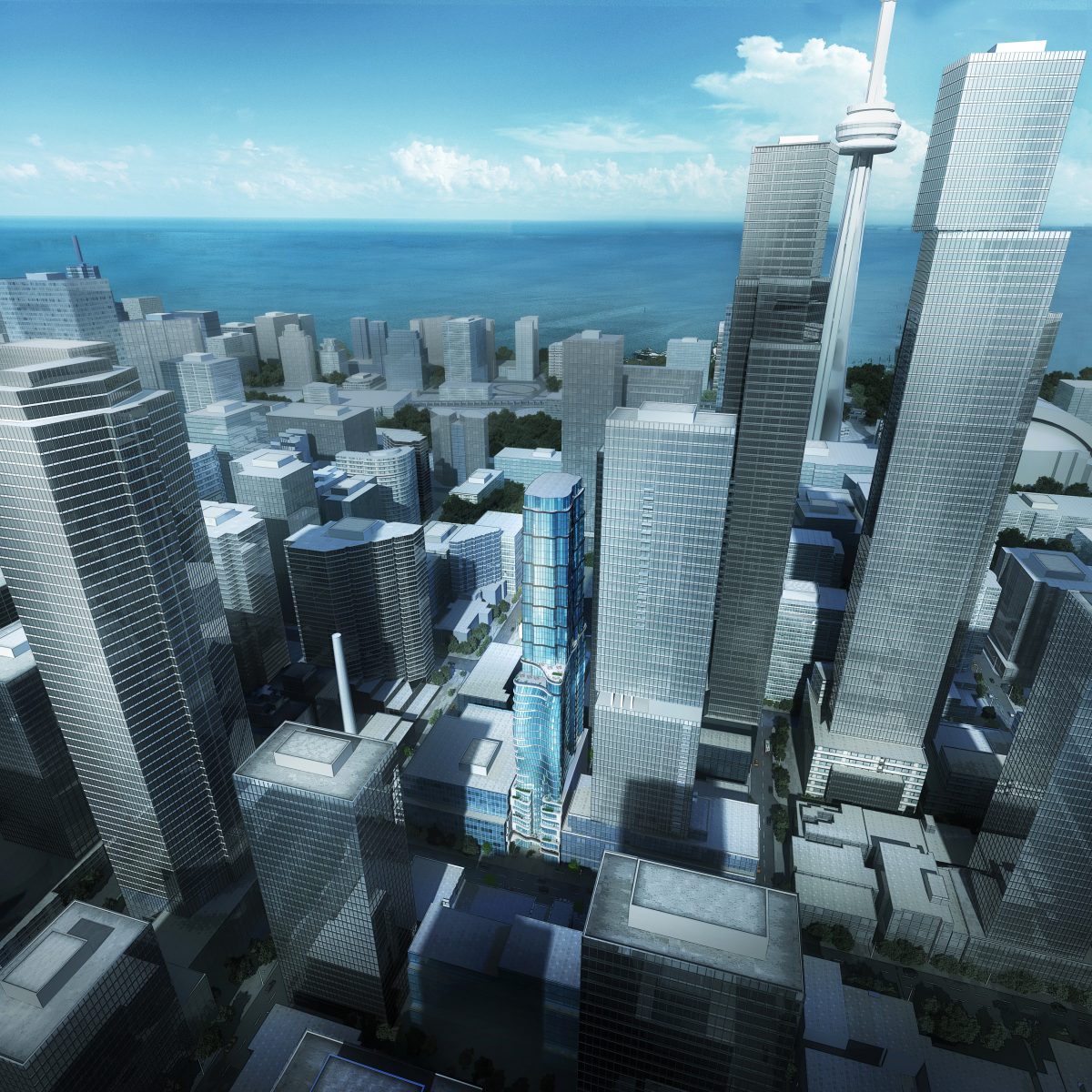 217 Adelaide West rendering of building exterior and surrounding city buildings.