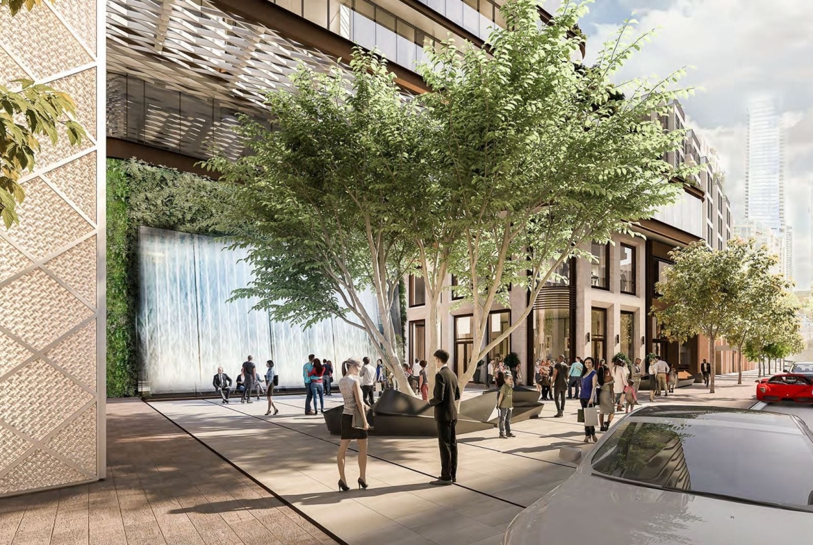 Rendering of 138 Yorkville Condos exterior with water feature and trees