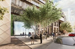 Rendering of 138 Yorkville Condos exterior with water feature and trees
