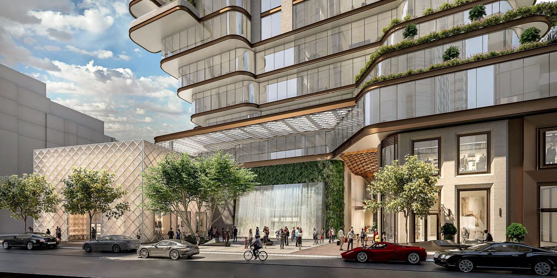 Rendering of 138 Yorkville Condos exterior with street parking and a water feature