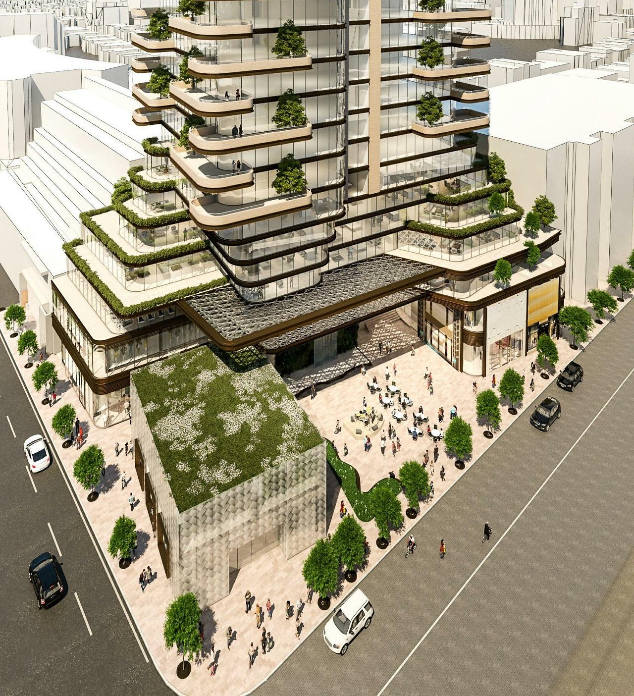 Aerial rendering of 33 Avenue Road Condos at base with lush greenery, retail and a major intersection.