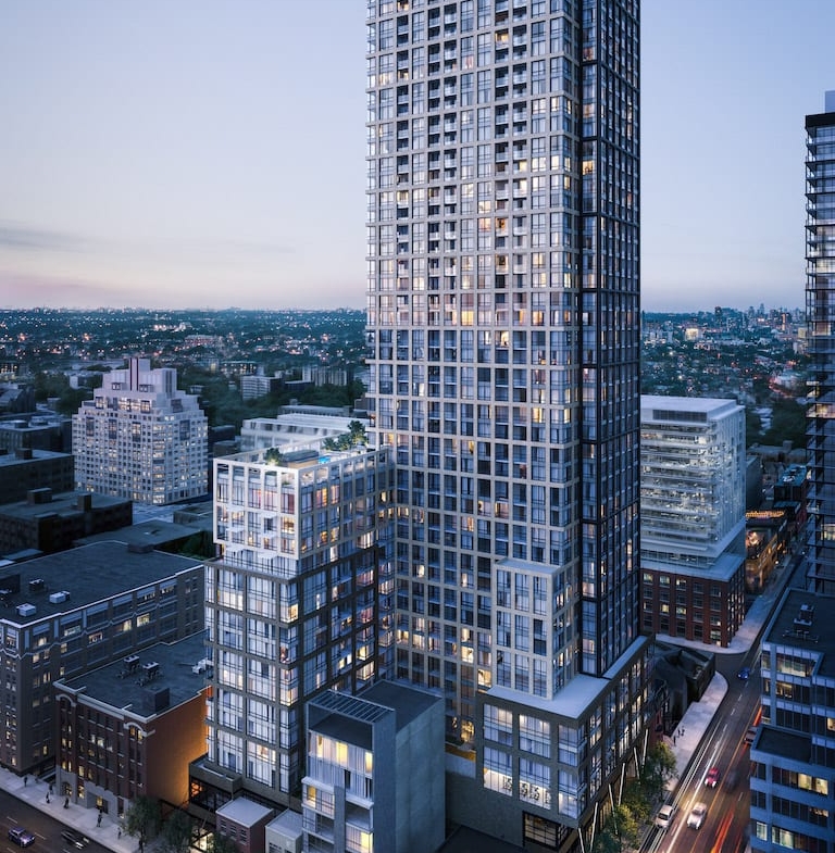 Rendering of Peter and Adelaide Condos exterior full view at night