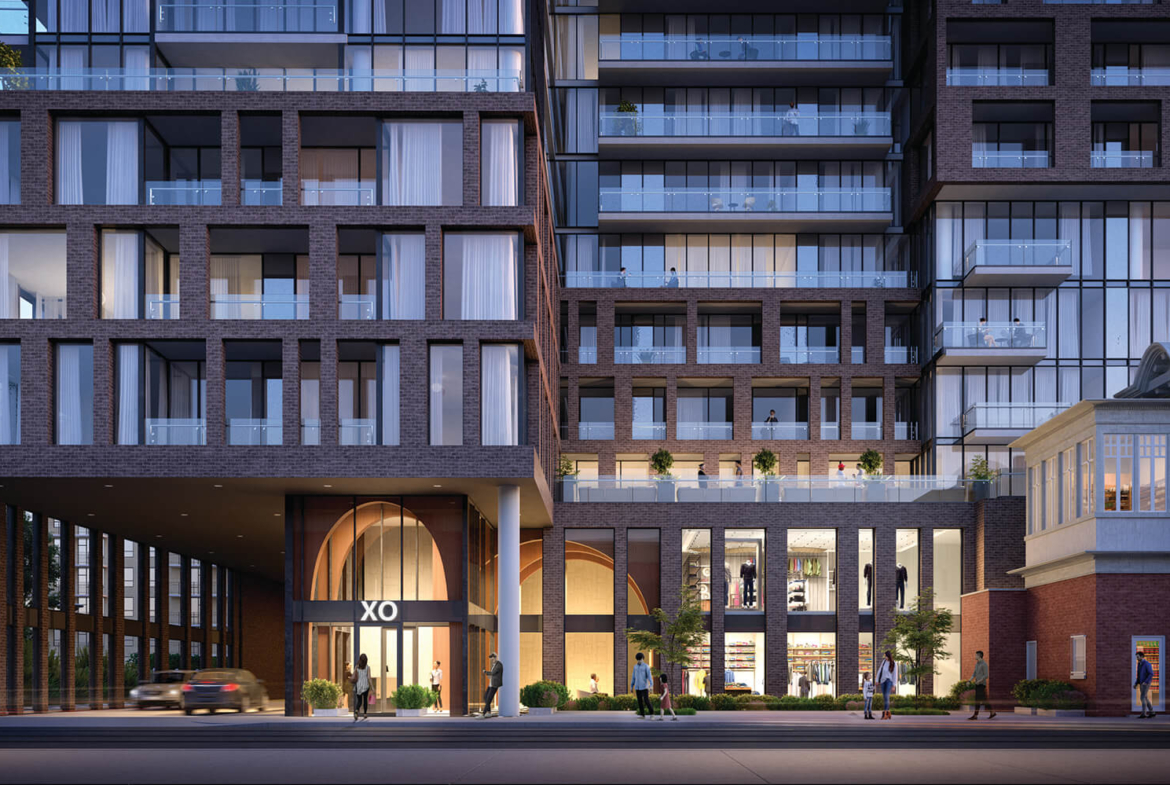 Rendering of XO Condos entrance in the evening