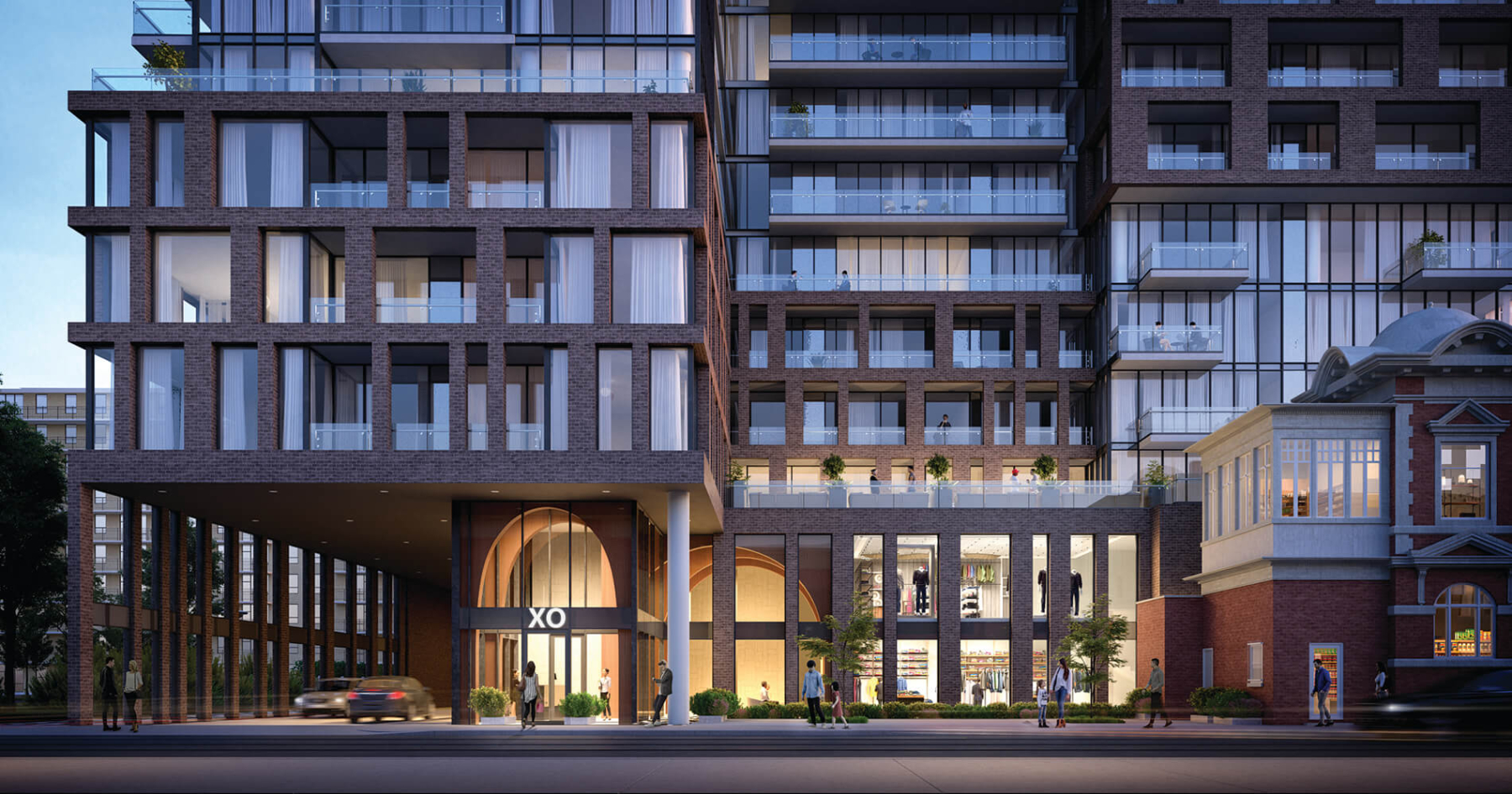 Rendering of XO Condos entrance in the evening