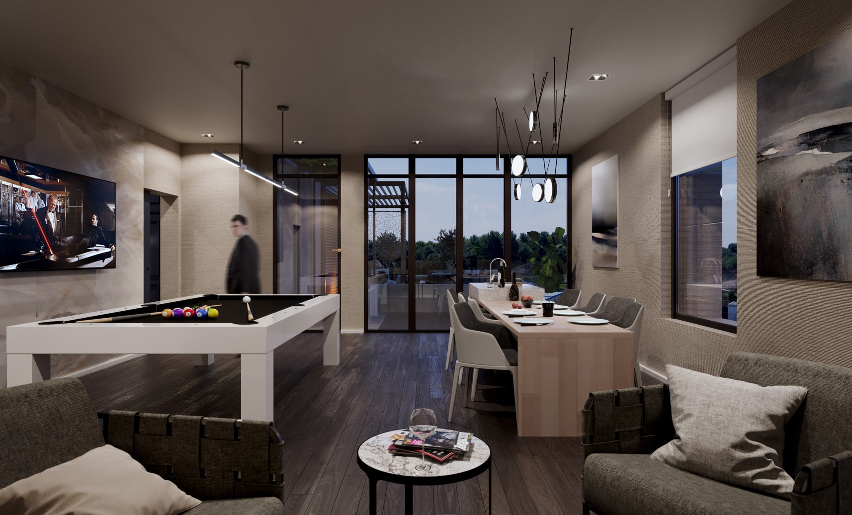 The Cardiff condos rendering of the building interior amenity entertainment room