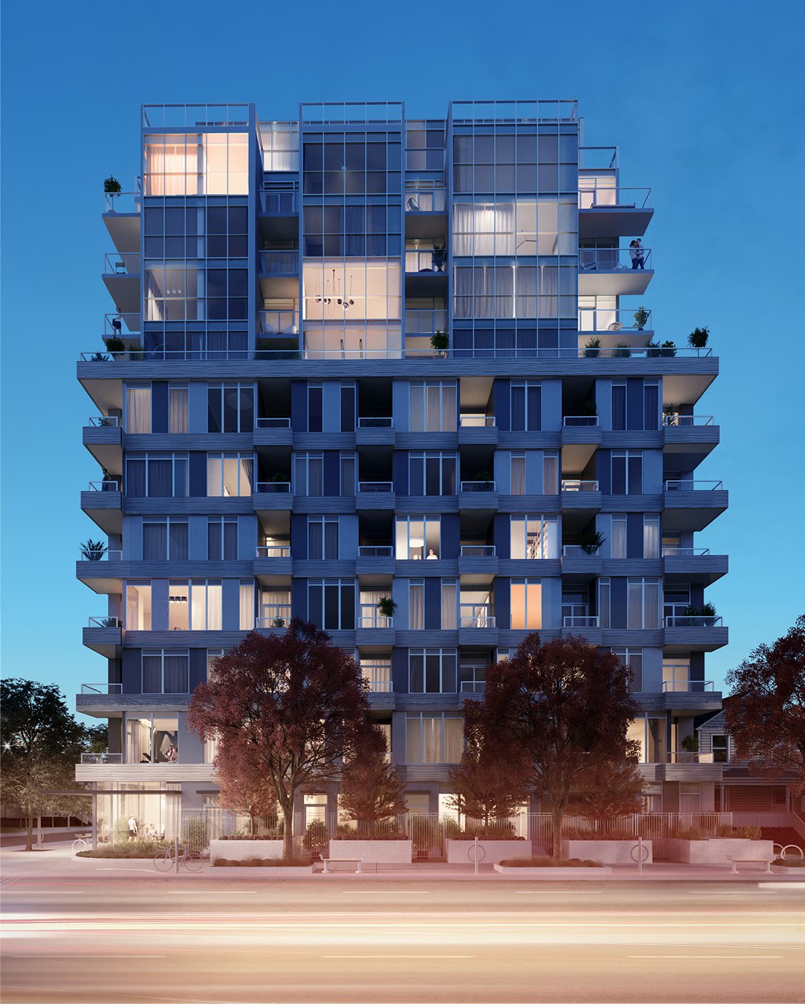 The Cardiff condos rendering of the building exterior at night