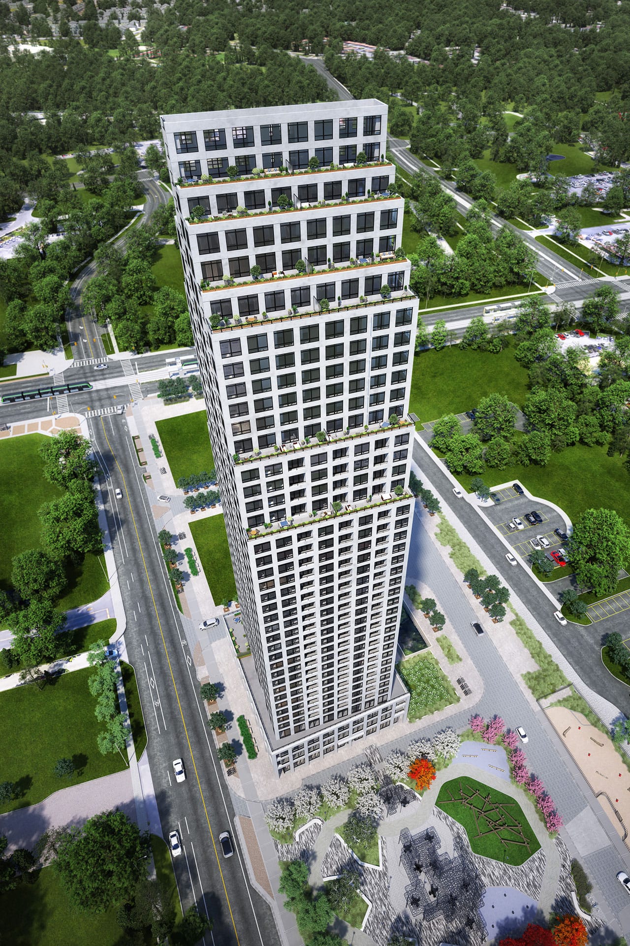 Rendering of Edge Towers building exterior from above.