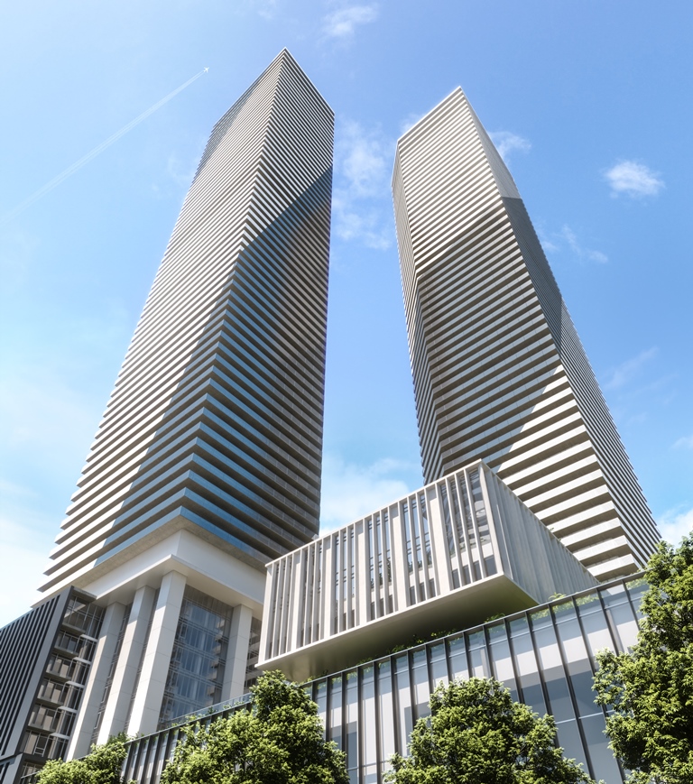 Rendering of Sugar Wharf Condos tower 1 and 2 exterior from worm view.