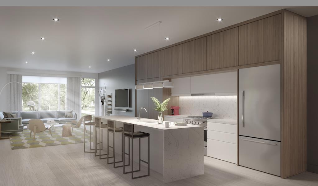 Rendering of The Vince townhouse open concept kitchen and living room.