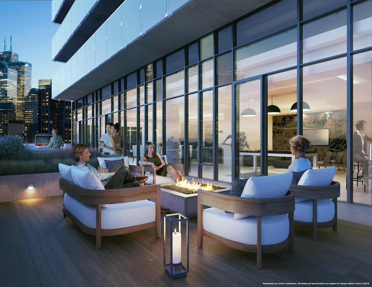 Rendering of The Garden District Condos exterior terrace with seating