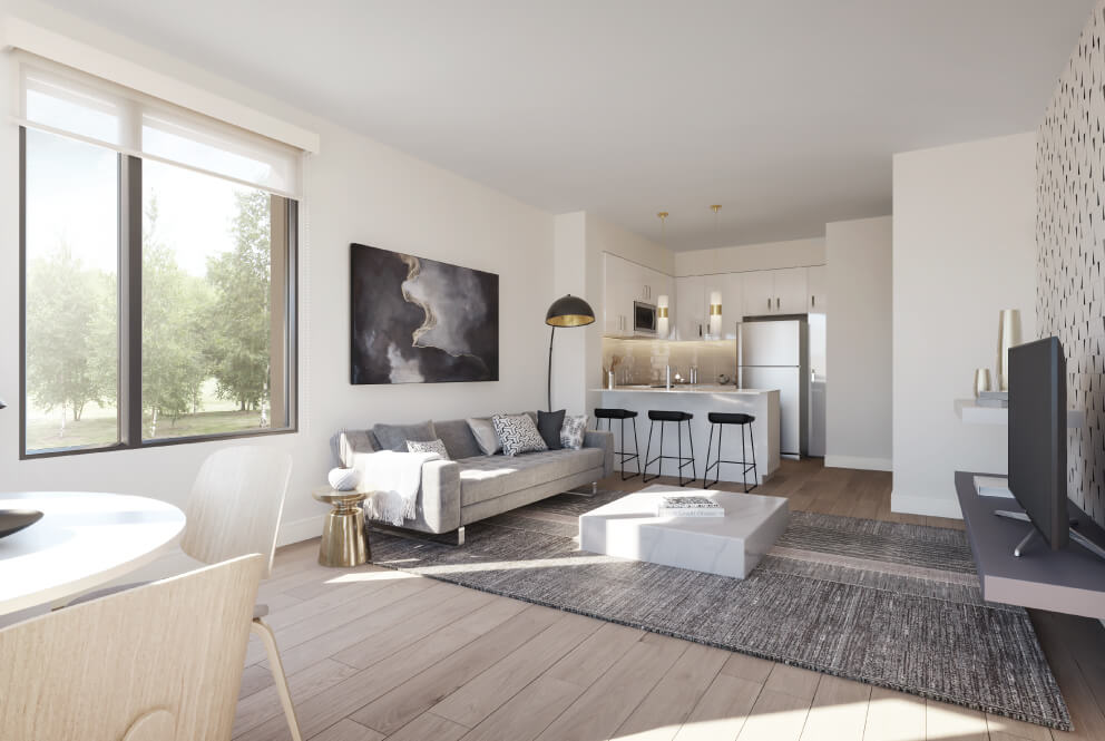 Rendering of The Way Towns unit interior - living room and kitchen.