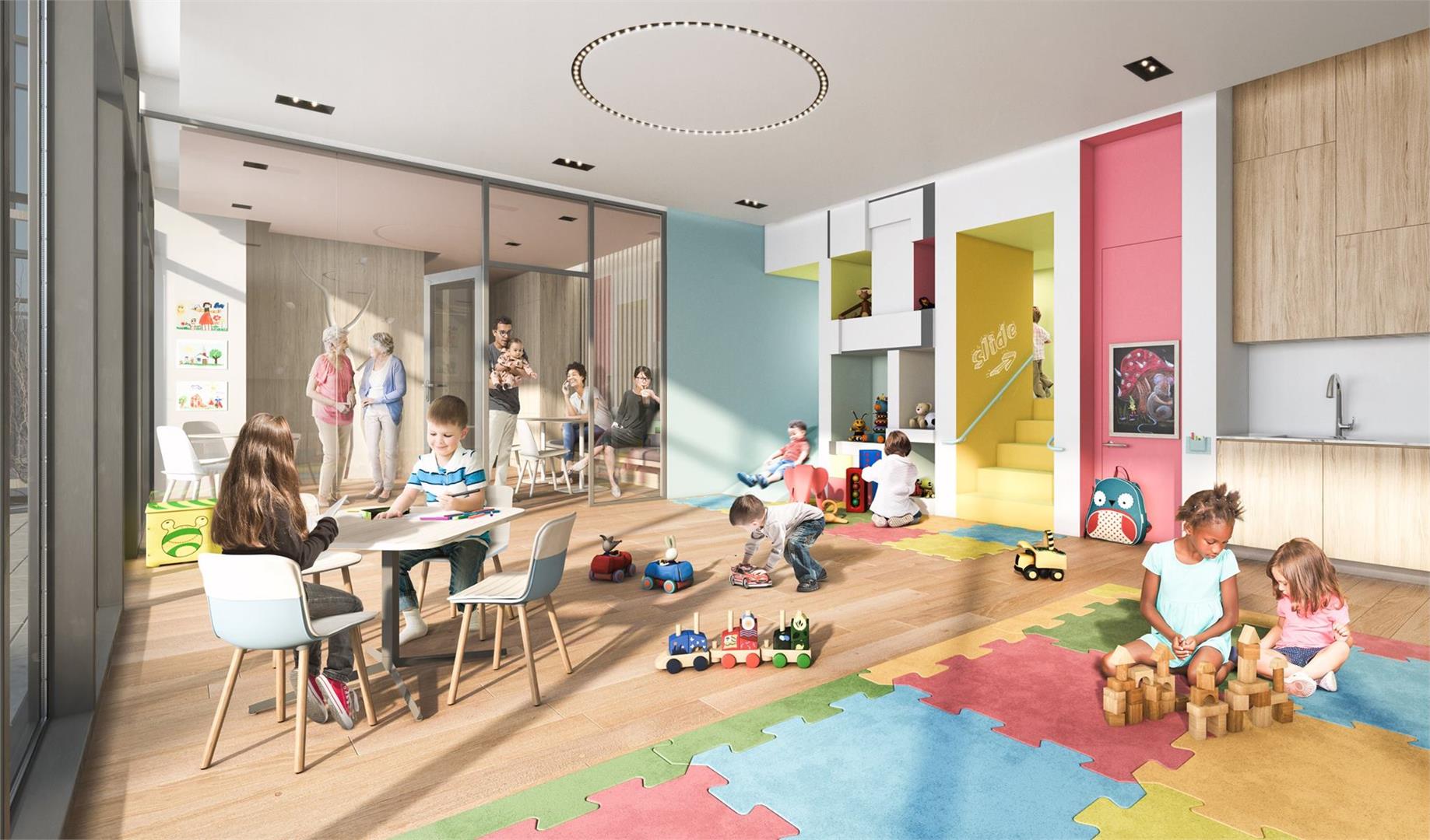 Interior rendering of Wesley Tower's childrens play area.