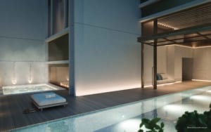 Rendering of 50 Scollard Yorkville Condos swimming pool with lounging areas
