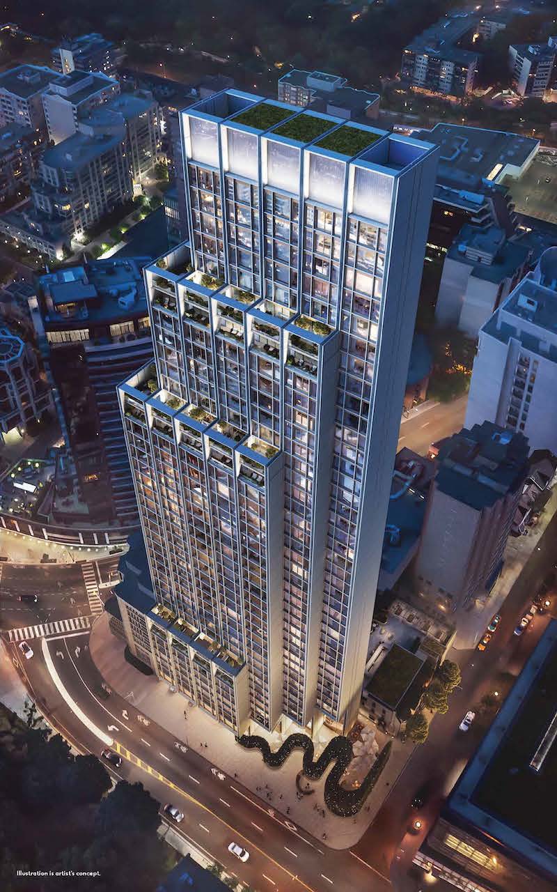Rendering of 50 Scollard Yorkville Condos building top-down view at night.