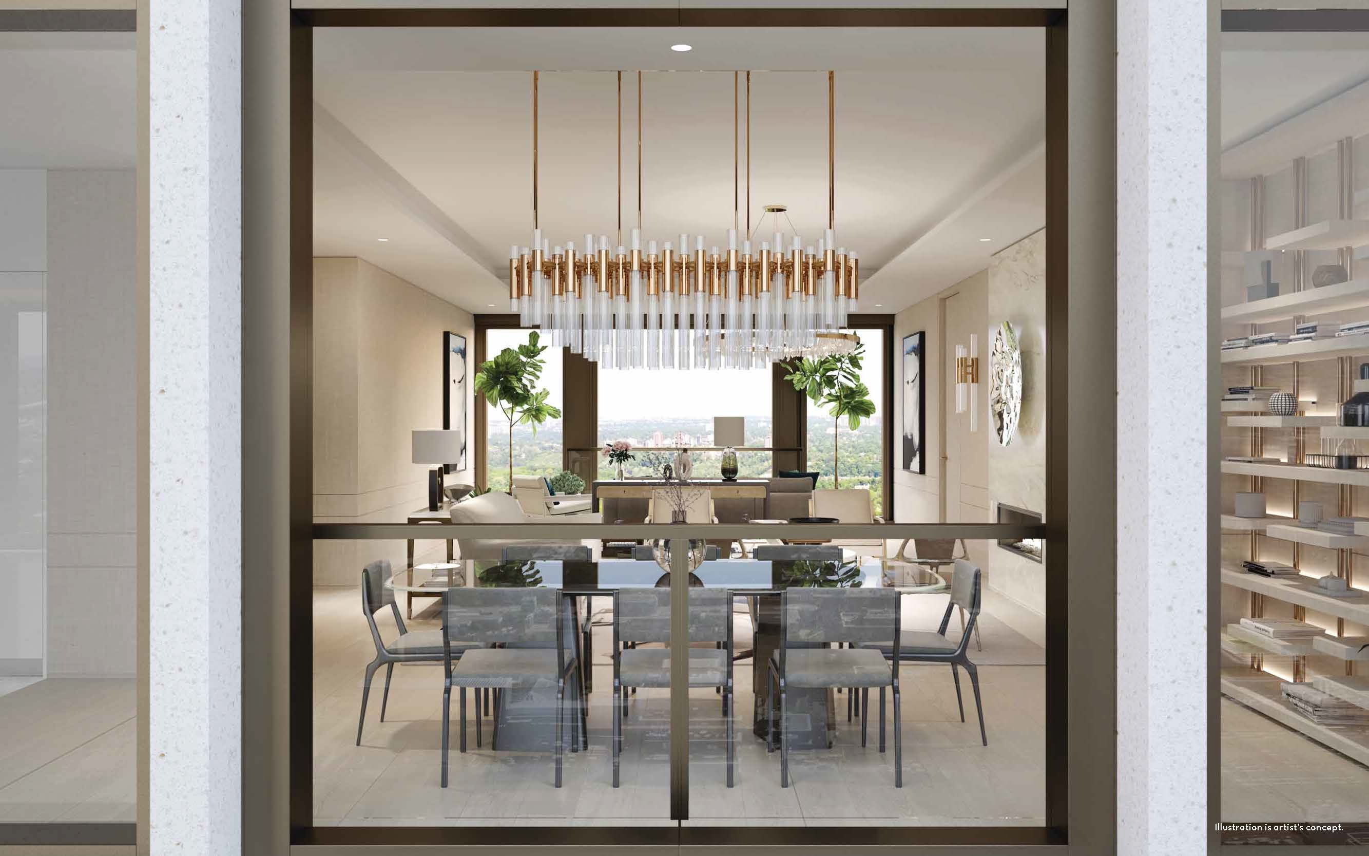 Rendering of 50 Scollard Yorkville Condos suite with dining area by tall window.