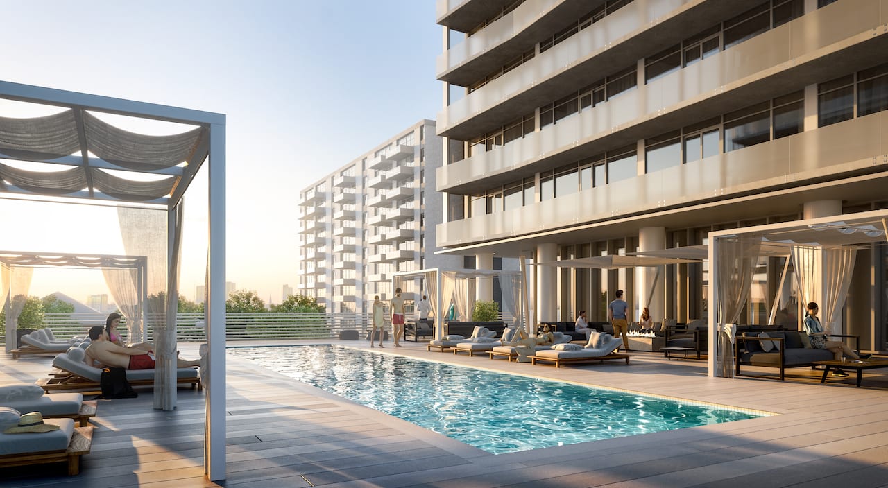 Rendering of Television City Condos exterior with swimming pool