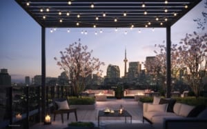 Rendering of 28 Eastern Condos rooftop terrace at dusk.