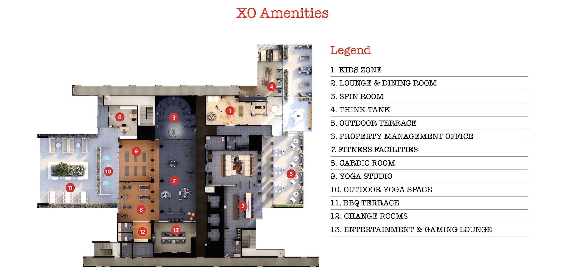 XO Condos amenities list with diagram.
