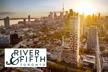 Rendering of River and Fifth Condos Exterior with Logo Overlay
