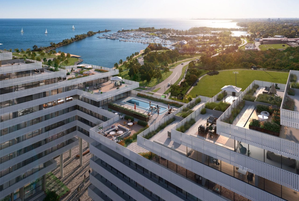Exterior rendering of Harbourwalk at Lakeview Village aerial of pool and terraces