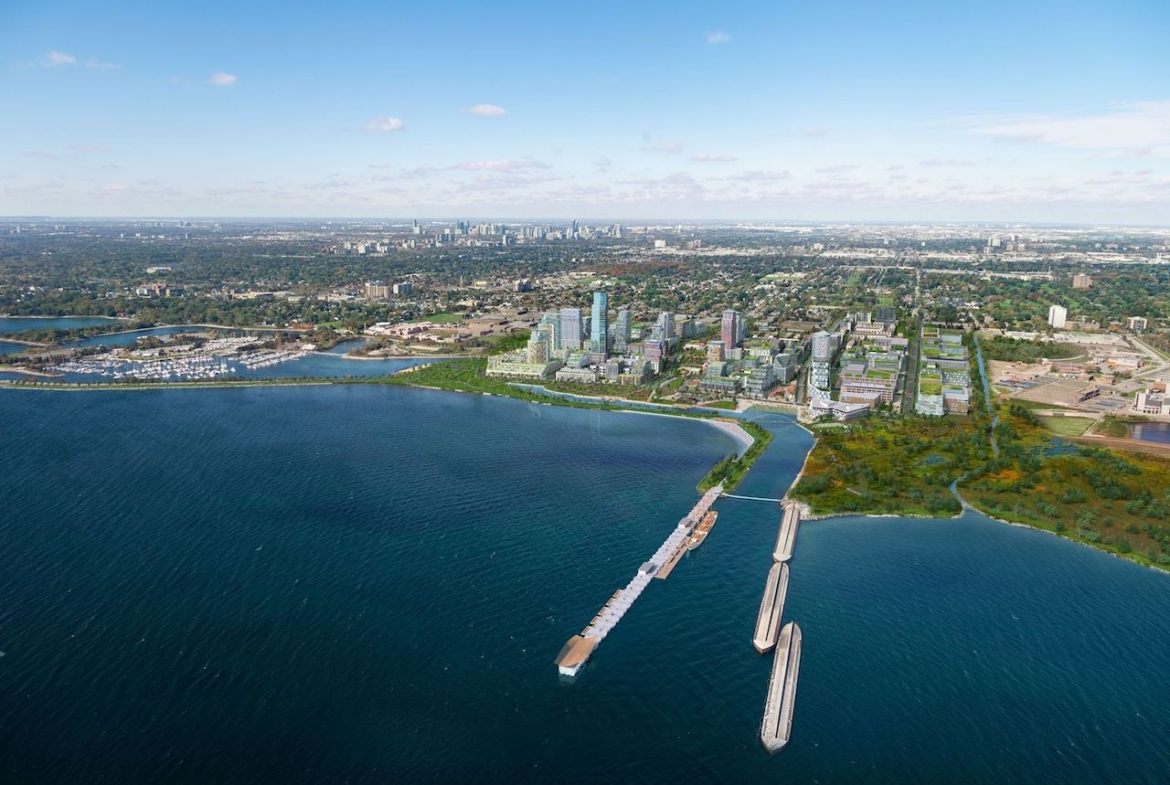 Rendering of Lakeview Village aerial view over waterfront lake ontario
