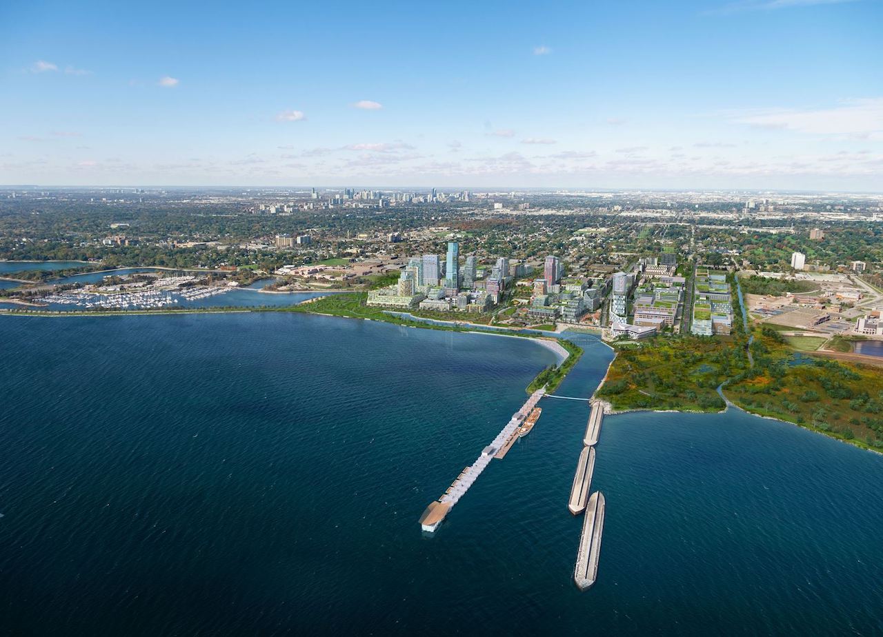 Rendering of Lakeview Village aerial view over waterfront lake ontario