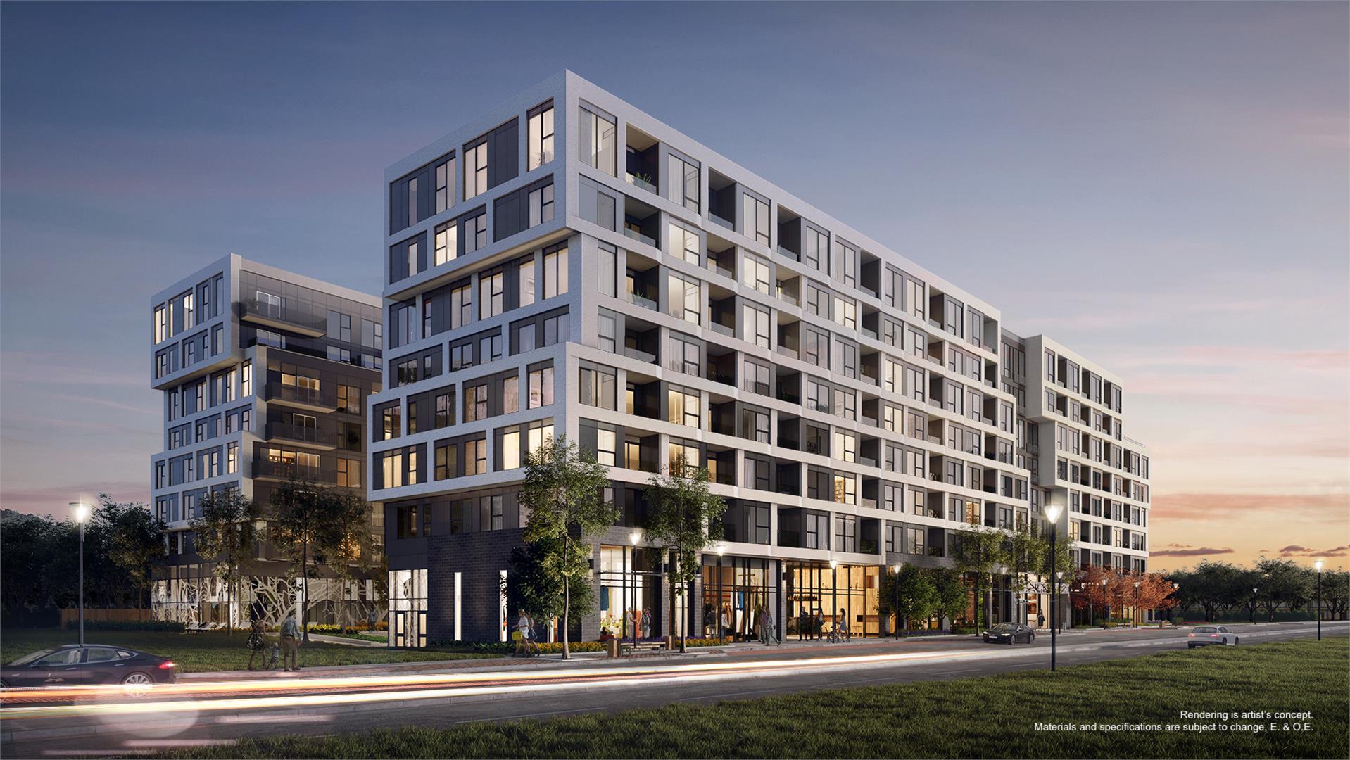 Exterior rendering of The Branch Condos at dusk.