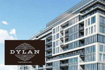Rendering of The Dylan Condominiums with logo overlay.