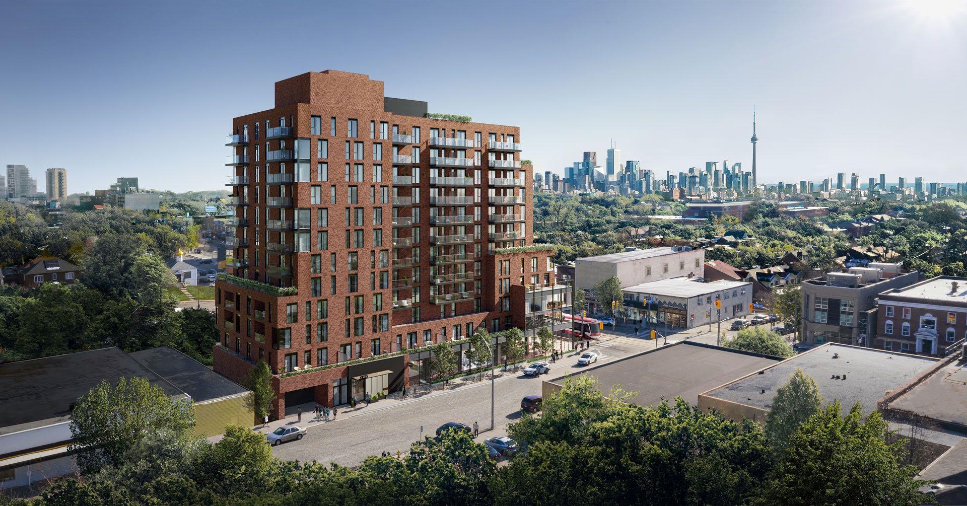 Rendering of St. Clair Village Condos exterior with streetscape view.