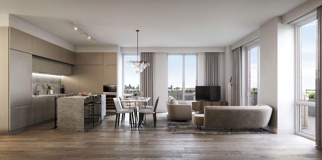 Rendering of St. Clair Village Condos 3-bedroom suite living area during the day.