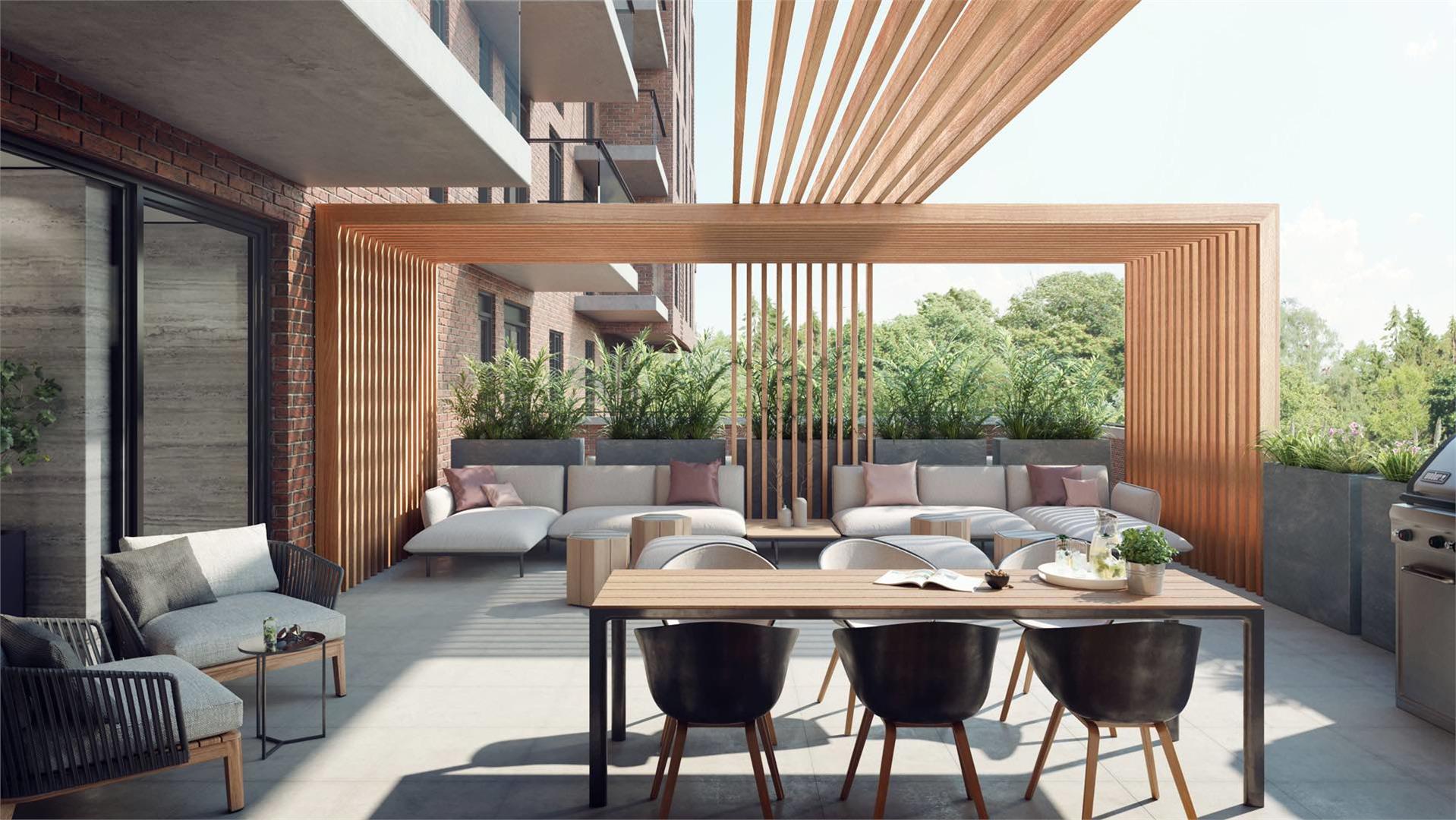 Rendering of St. Clair Village Condos rooftop patio during the day.