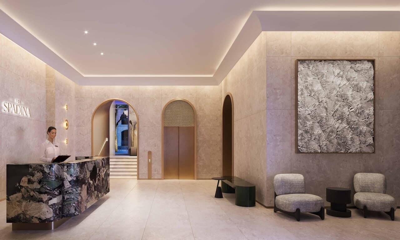 Rendering of 101 Spadina lobby with concierge