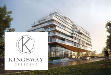 Exterior rendering of Kingsway Crescent Condos and Towns with logo overlay.