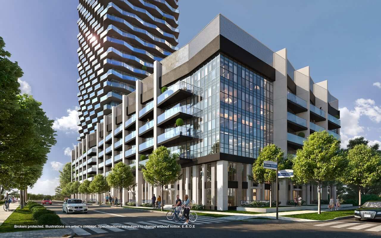 Rendering of Thirty Six Zorra Condos exterior with street view
