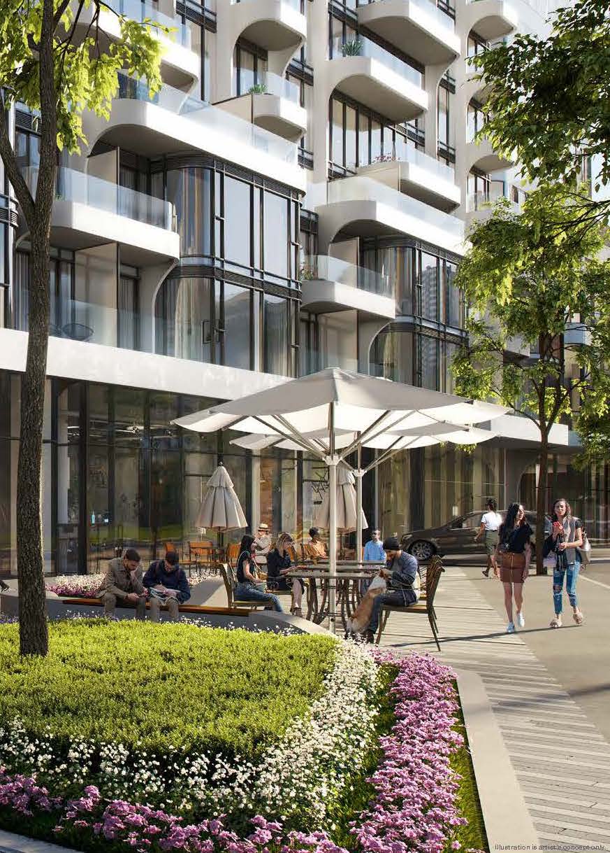 Rendering of Anx on Dupont Condos outdoor patio seating with lush plants.