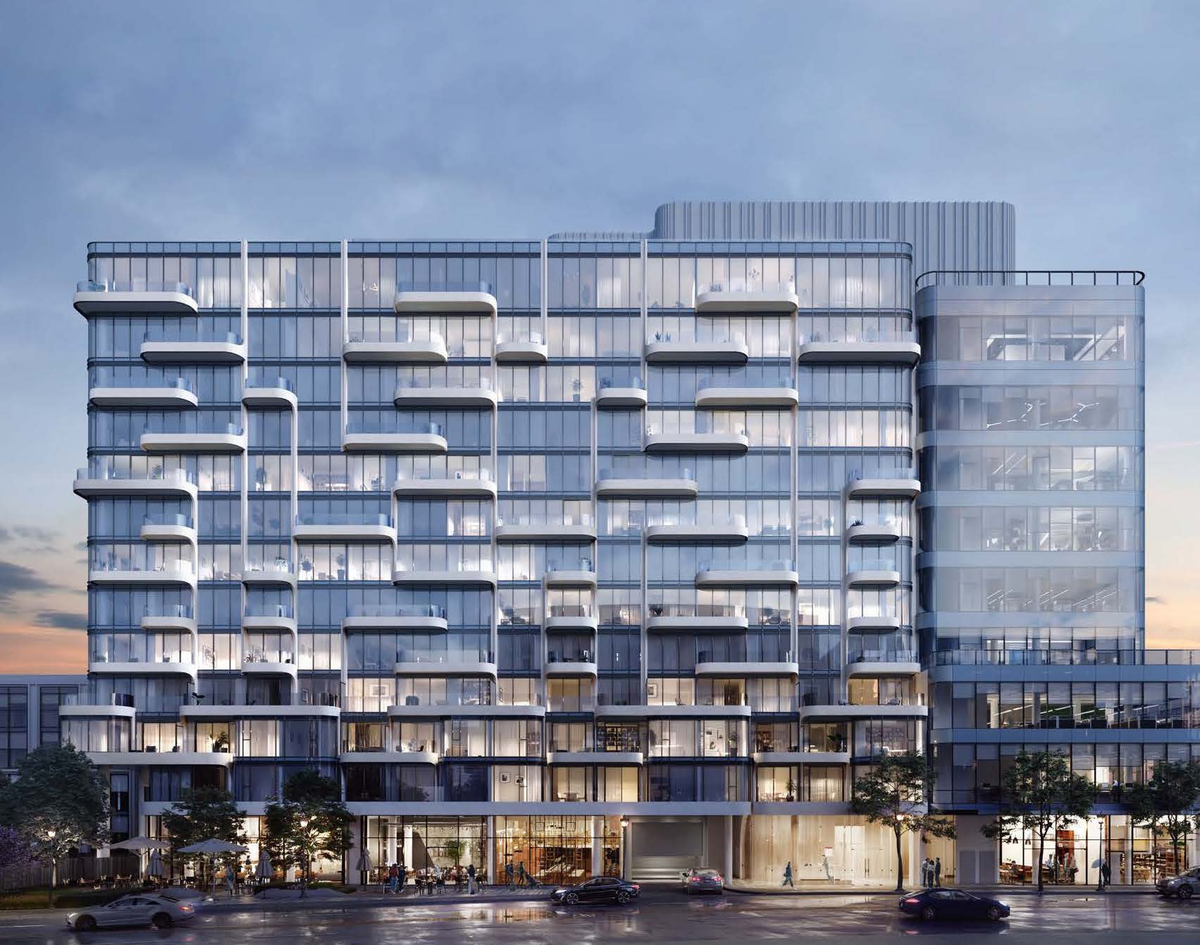Exterior rendering of Anx on Dupont Condos at dusk.
