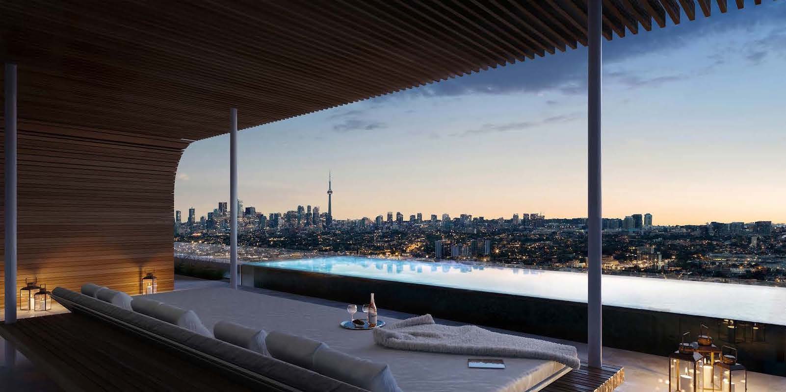 Rendering of Anx on Dupont Condos outdoor pool with city views.