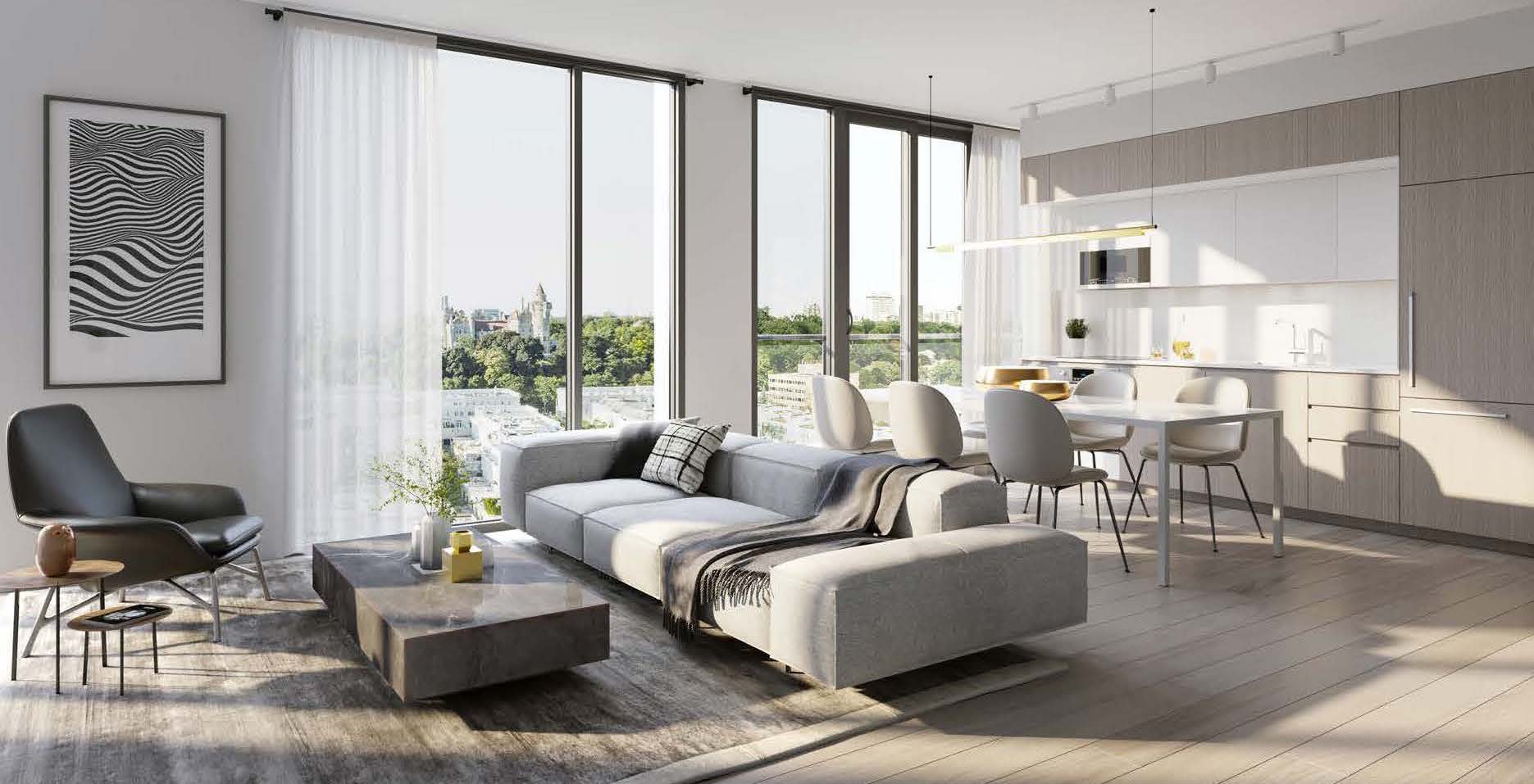 Rendering of Anx on Dupont Condos suite interior open concept living room.