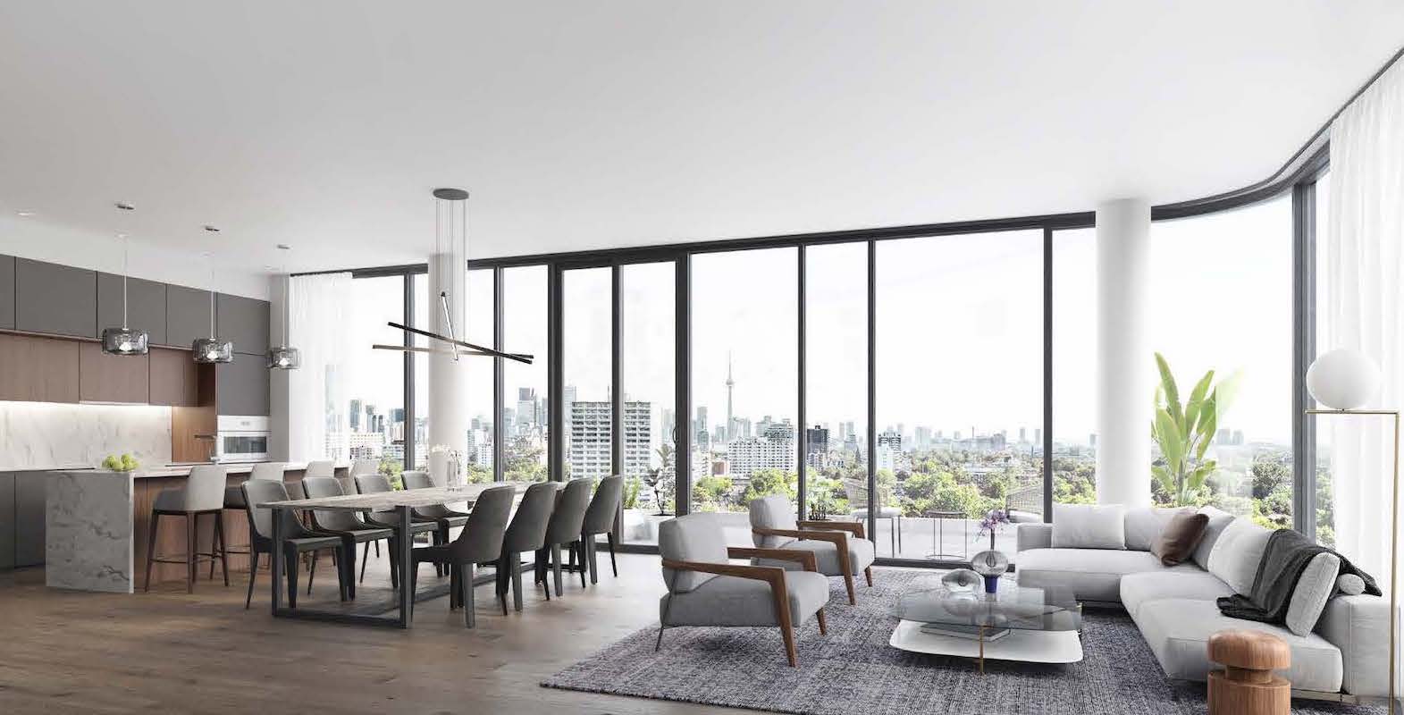 Rendering of Anx on Dupont Condos suite interior open concept living and dining room.